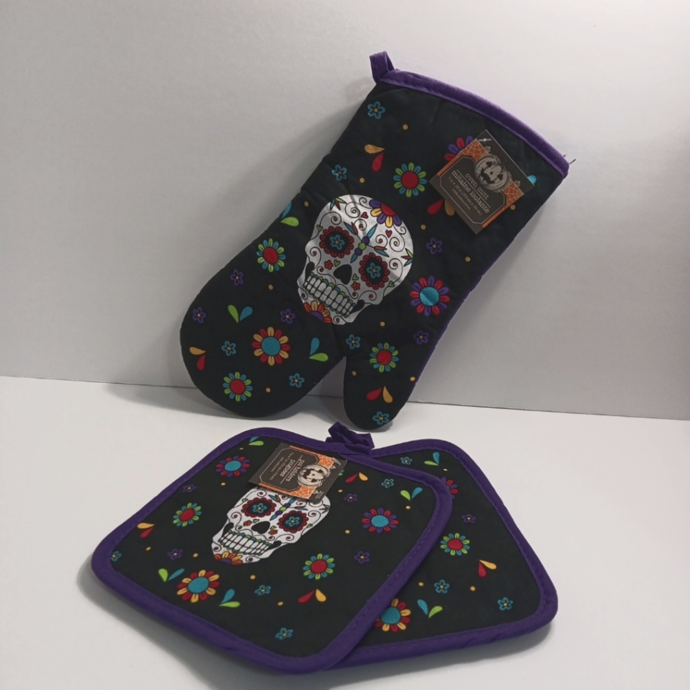 Halloween Dia de Los Muertos kill oven mitt and pot holders NEW